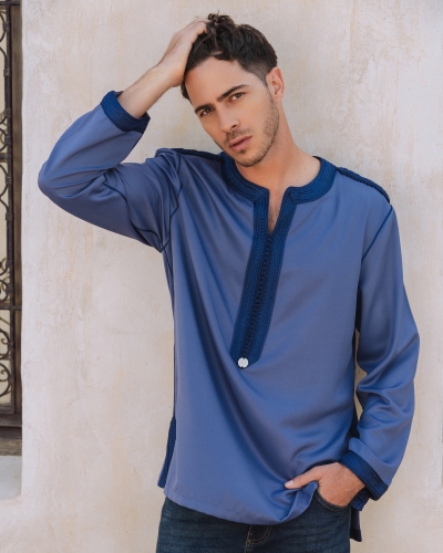 Kounouz - Tunique Homme Marocain - Tissu Mlifa Avec Col Velours
