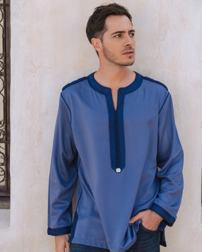 Kounouz - Tunique Homme Marocain - Tissu Mlifa Avec Col Velours