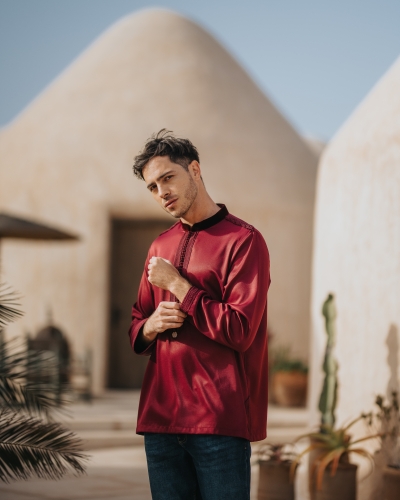 Tunique Homme en tissu Mlifa avec col en velours - Kounouz