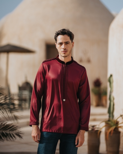 Men's tunic in Mlifa fabric with velvet collar - Kounouz