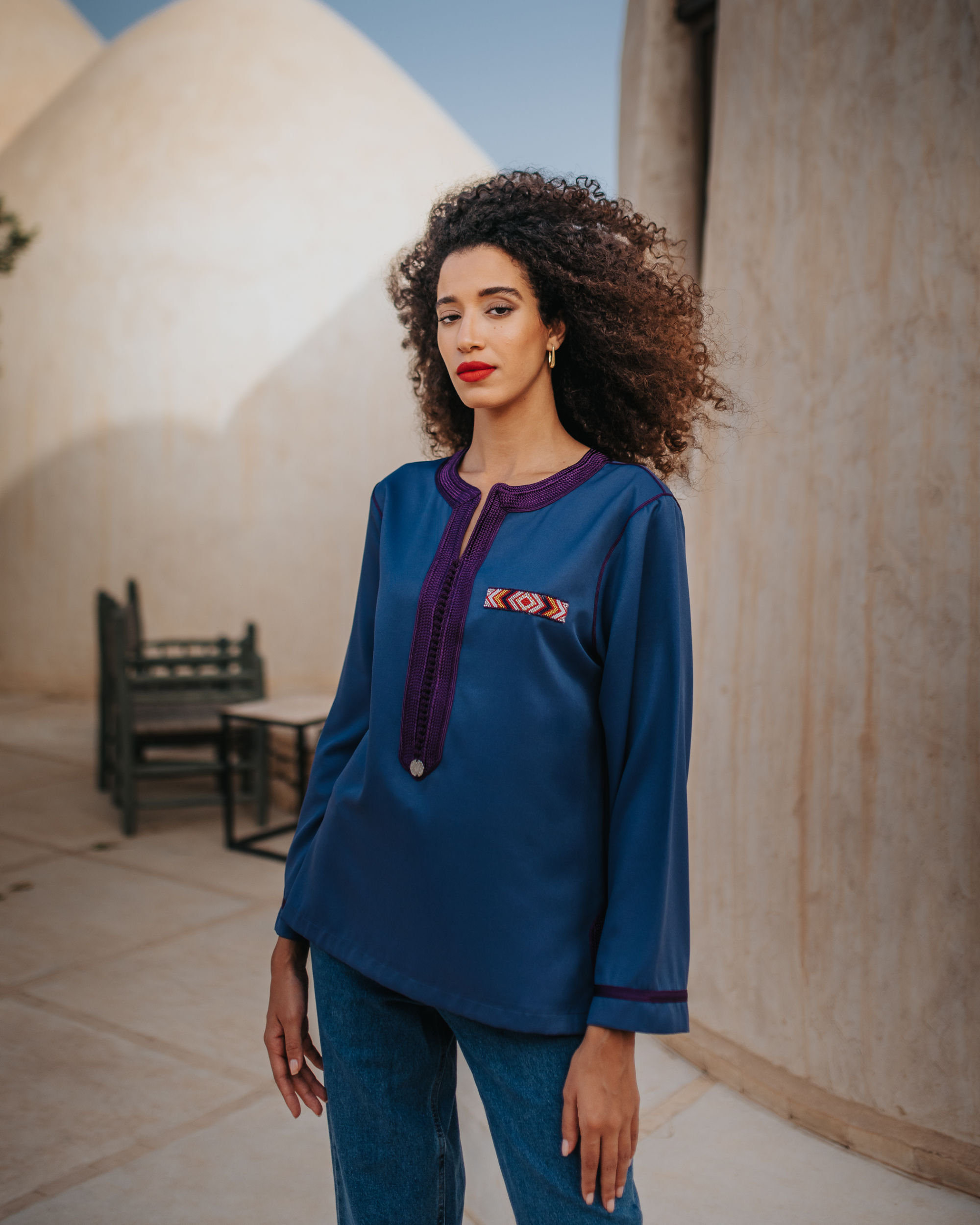 Blue Moroccan Tunic in Crepe - Modern Woman Elegance - Kounouz