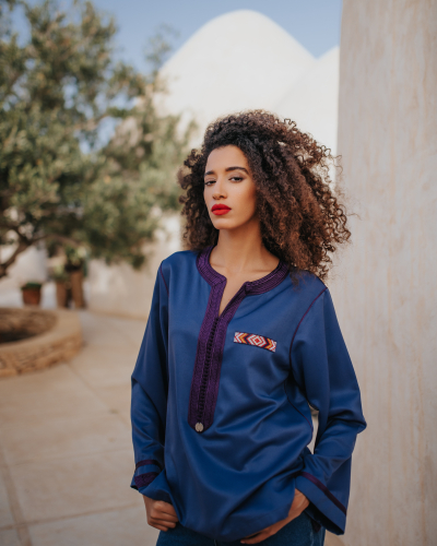 Blue Moroccan Tunic in Crepe - Modern Woman Elegance - Kounouz