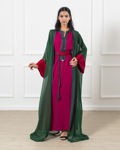 Gandoura with velvet lapels and belt for women – Kounouz