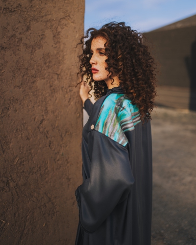 Kimono with printed velvet insert