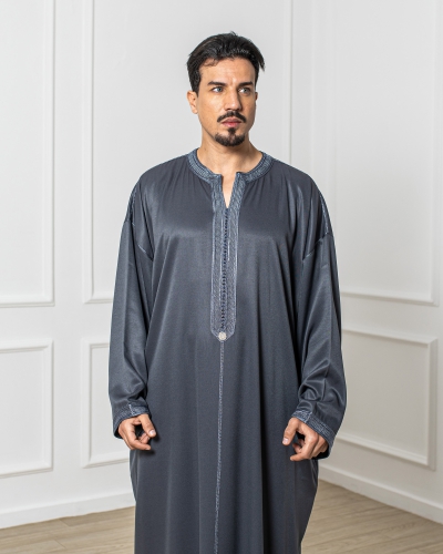 Caftan In Light Fabric With Collar And Printed Wrist - Kounouz