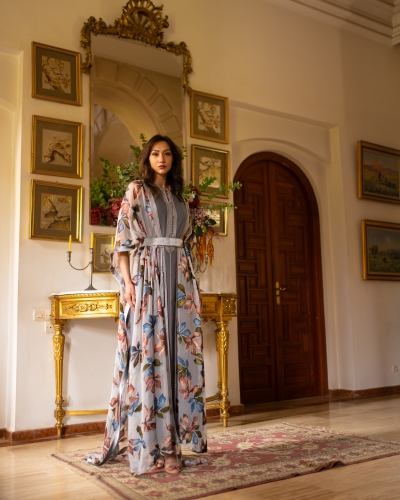 Caftan 2 pièces en Tlija imprimée | Ceinture en velours & Sfifa