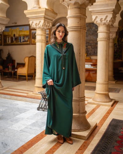 Three-piece djellaba set in printed chiffon