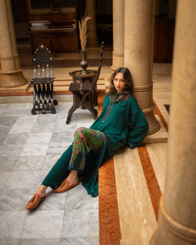 Three-piece djellaba set in printed chiffon