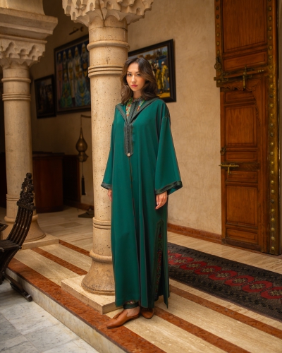 Three-piece djellaba set in printed chiffon
