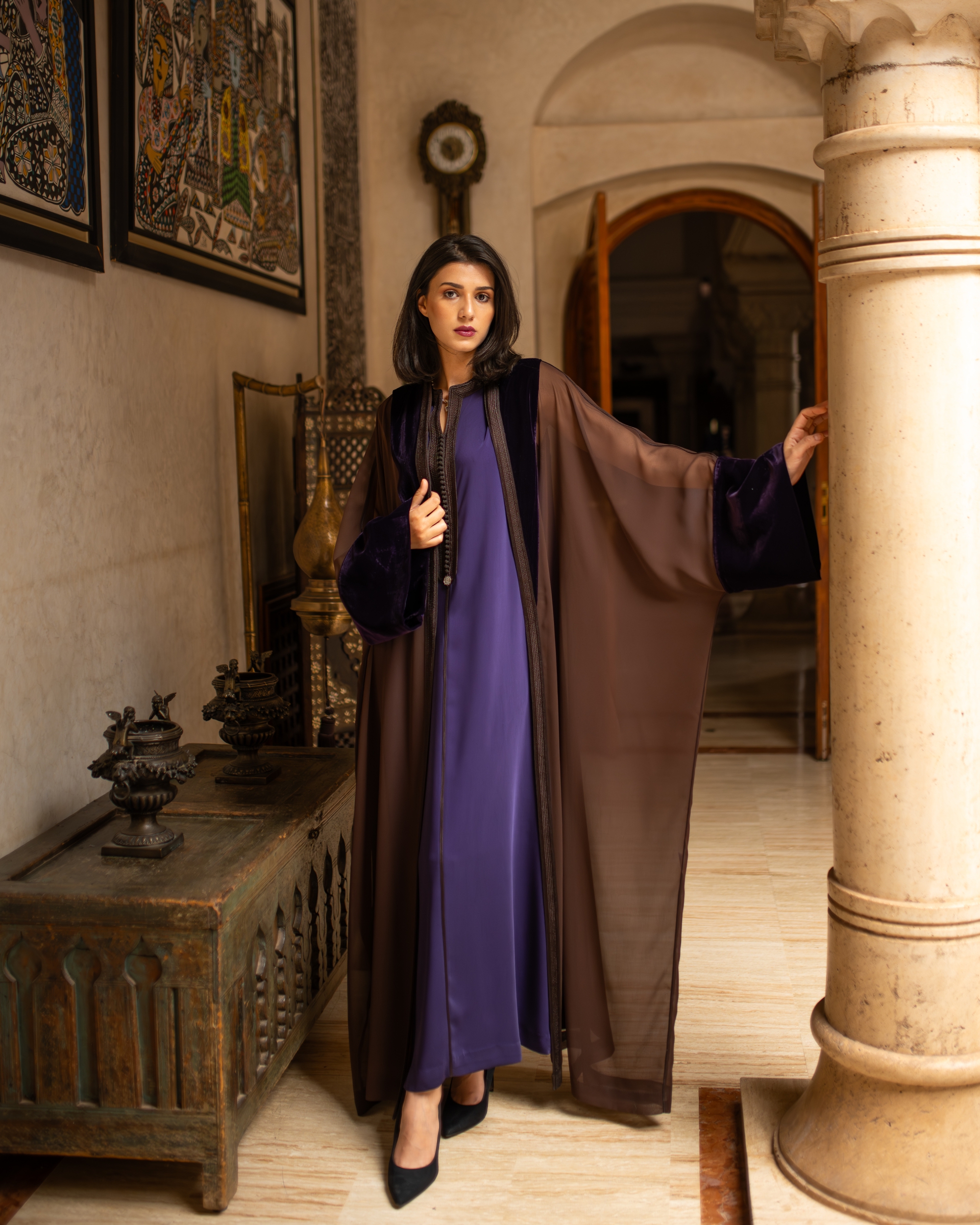 Gandoura 2 pièces femme en mousseline et velours