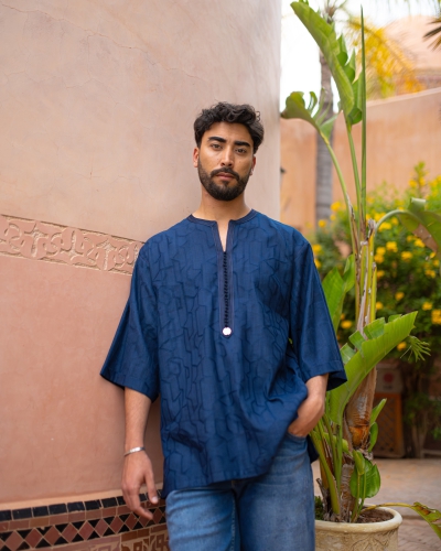 Printed linen tunic | Round neck, short sleeves & Sfifa Aakad finishes