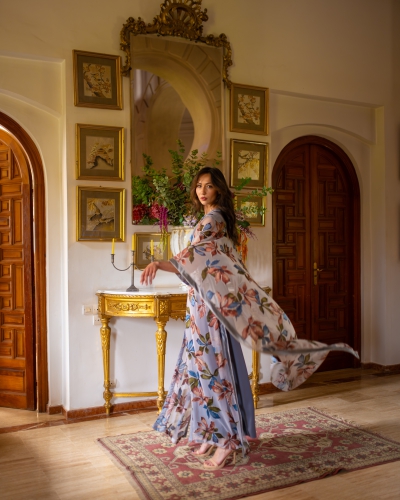 Two-piece printed Tlija caftan | Velvet belt & Sfifa trim