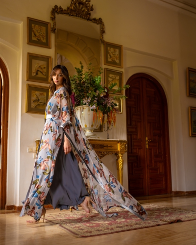 Two-piece printed Tlija caftan | Velvet belt & Sfifa trim