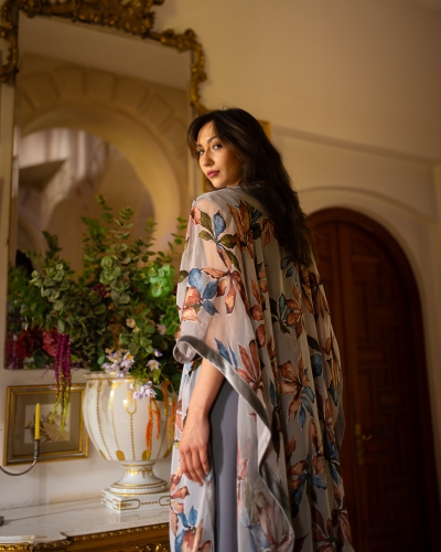 Caftan 2 pièces en Tlija imprimée | Ceinture en velours & Sfifa