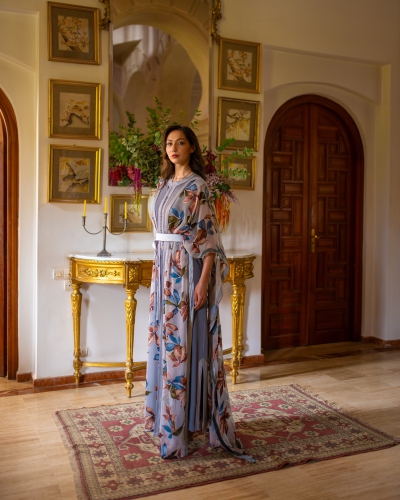 Two-piece printed Tlija caftan | Velvet belt & Sfifa trim