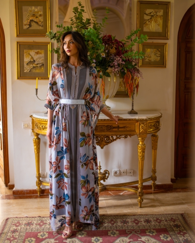 Two-piece printed Tlija caftan | Velvet belt & Sfifa trim