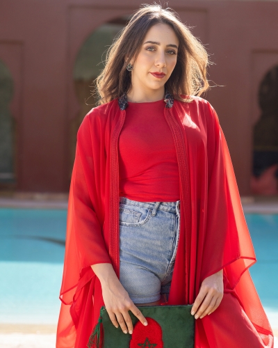 Open Moroccan Gandoura in muslin with collar - In Red | Kounouz