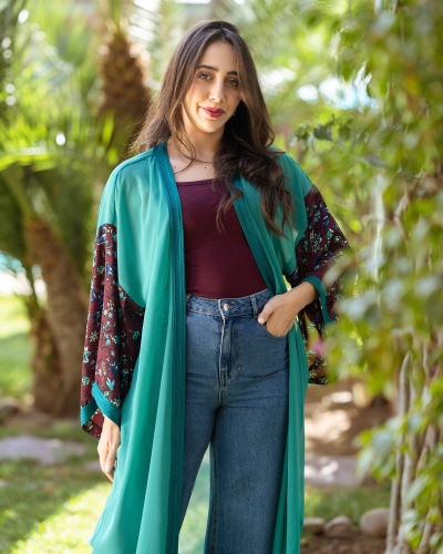 Open Kimono in Muslin - Green Color - Kounouz