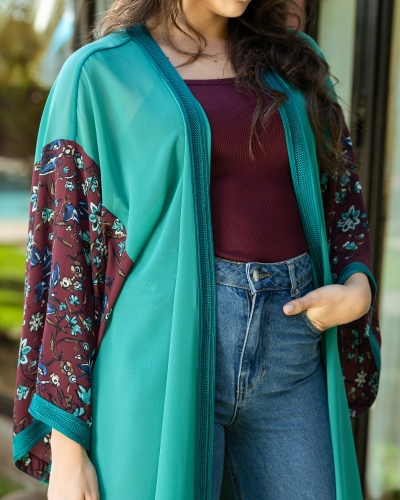Open Kimono in Muslin - Green Color - Kounouz
